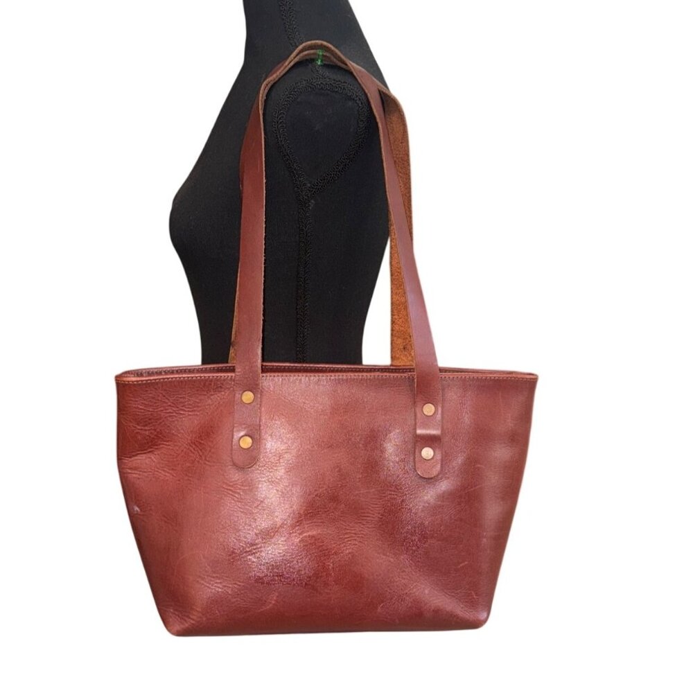VTG Unbranded Classic Leather Tote Burgundy Everyday Carry Large Handbag Boho - Picture 1 of 10
